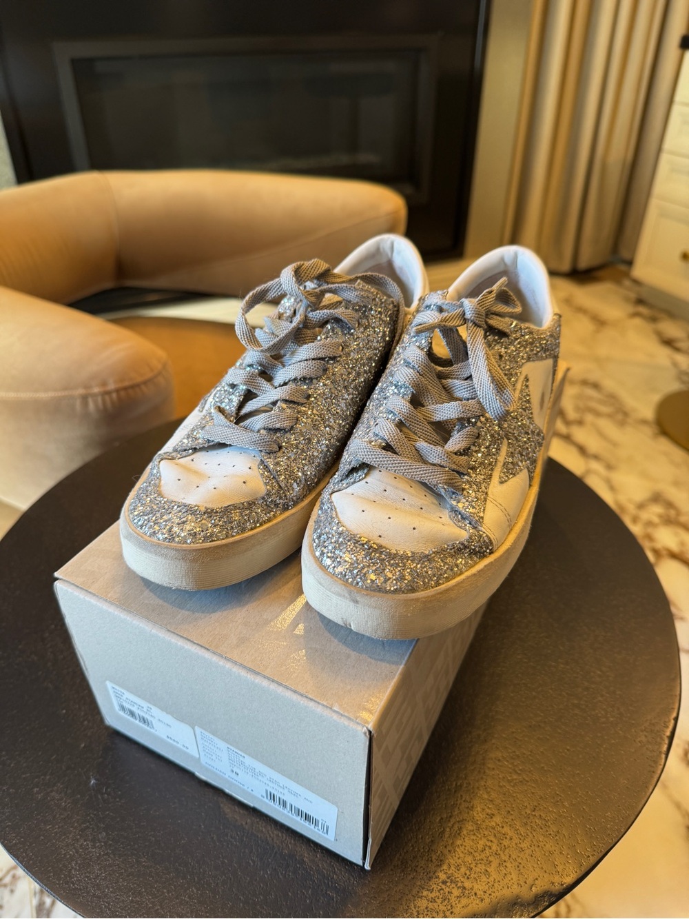 Golden Goose Glitter Low-Top Sneakers in Silver and White